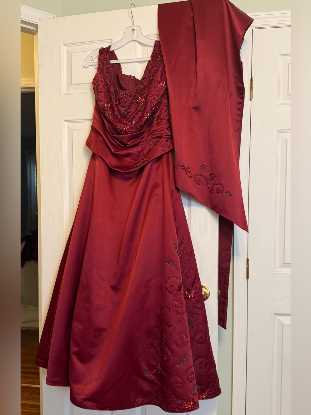 Elegant Satin Beaded Evening Dress with Shawl - Burgundy